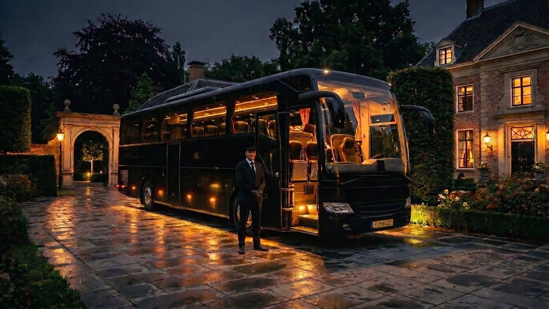 Luxe FlyBuzz touringcar arriveert 's avonds bij een landgoed – premium groepsvervoer
