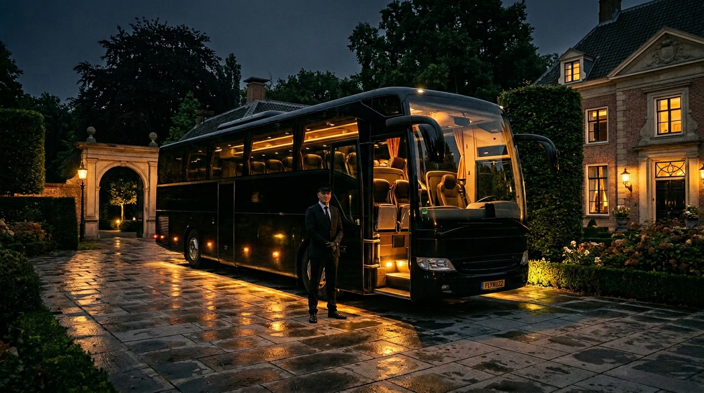 Luxe FlyBuzz touringcar arriveert 's avonds bij een landgoed – premium groepsvervoer